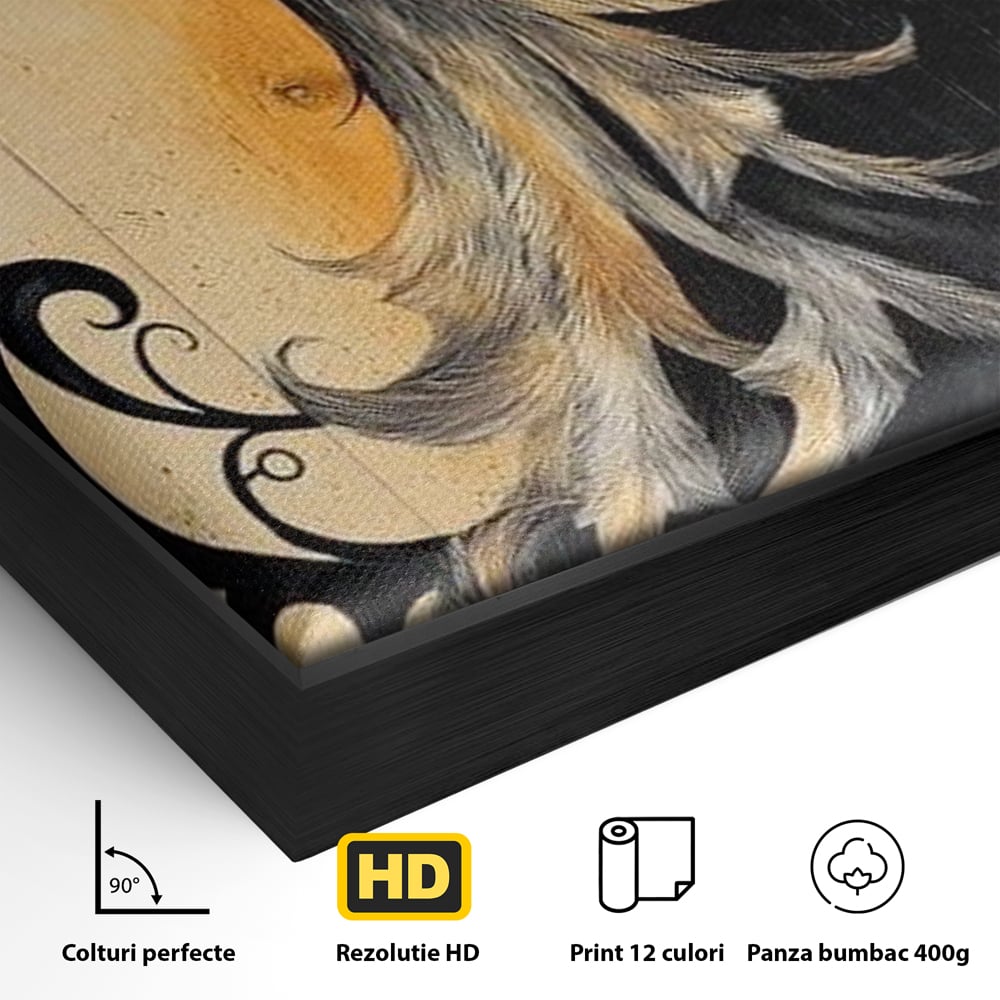 Detaliu al suprafetei: tablou canvas cu pasare mitologica phoenix, in rama de aluminiu negru
